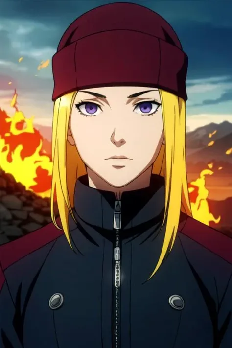 masterpiece, best quality, movie still, 1girl, , skullcap, amethyst eyes, yellow hair, solo, looking at viewer, , depth of field, , realistic, The Mountain of Fire, High resolution, <lora:tokyo_ghoul_style:0.91>, tokyo_ghoul_style