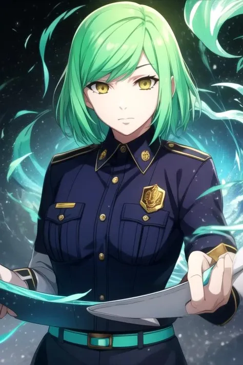 masterpiece, best quality, sketch, 1girl, cop costume, yellow eyes, green hair, solo, looking at viewer, upper body, , ligne claire, realistic, Mage, (Amorphous,Flowing,Amber Hypnotic,Shimmering,Ritual ,rainbow,Time compression,Metallic Plates Wave propagation,Translation magic:1.0) Metal Manipulation (controlling metal objects), 2k resolution, <lora:tokyo_ghoul_style:0.95>, tokyo_ghoul_style