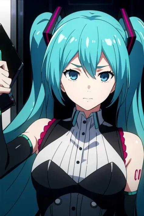 masterpiece, best quality, game cg, 1girl, gothic costume, hatsune miku, blue eyes, blue hair, solo, looking at viewer, upper body, , , , science fiction cyber-horror, , <lora:tokyo_ghoul_style:0.87>, tokyo_ghoul_style