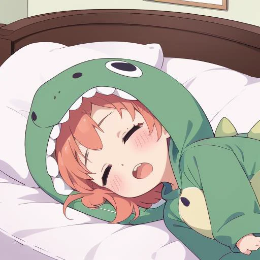 masterpiece, best quality,ultra detail,girl,dc1,dinosaur_costume,petite,chibi,bedroom,on bed,lying on back,sleeping,closed eyes,open mouth, pillow,stuffed toy<lora:dinosaurCostume:0.7>
