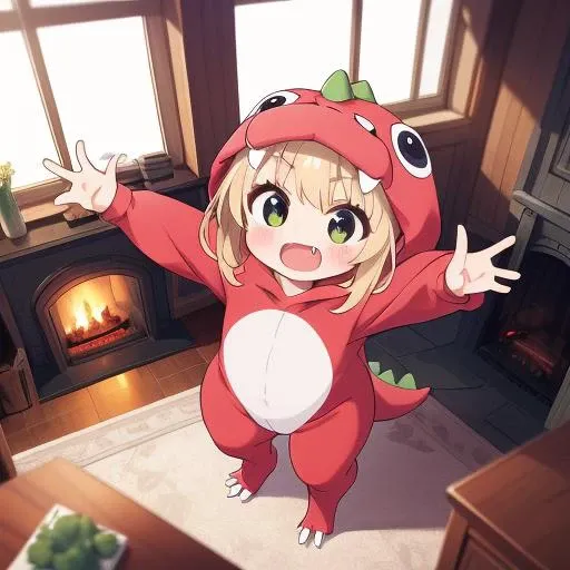 masterpiece, best quality,ultra detail, girl,dc1,dinosaur_costume,petite,chibi,open arms,fang,open mouth, <lora:dinosaurCostume:0.7>living room,window,fireplace,from above