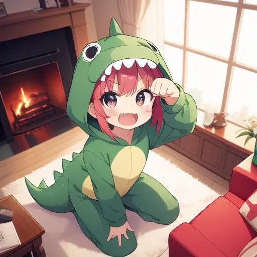 masterpiece, best quality,ultra detail, girl,dc1,dinosaur_costume,petite,chibi,paw pose,fang,open mouth, <lora:dinosaurCostume:0.7>living room,window,fireplace,from above,close up