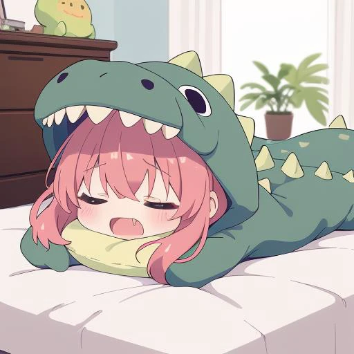 masterpiece, best quality,ultra detail,girl,dc1,dinosaur_costume,petite,chibi,bedroom,on bed,lying on back,sleeping,closed eyes,open mouth, pillow,stuffed toy<lora:dinosaurCostume:0.7>
