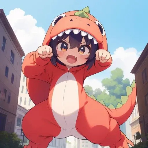 masterpiece, best quality,ultra detail,(giant girl),dc1,dinosaur_costume,petite,chibi,paw pose,fang,open mouth, <lora:dinosaurCostume:0.7>broken town,building,,from below,close up,
