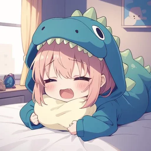 masterpiece, best quality,ultra detail,girl,dc1,dinosaur_costume,petite,chibi,bedroom,on bed,lying,sleeping,closed eyes,open mouth, pillow,suffer toy<lora:dinosaurCostume:0.7>