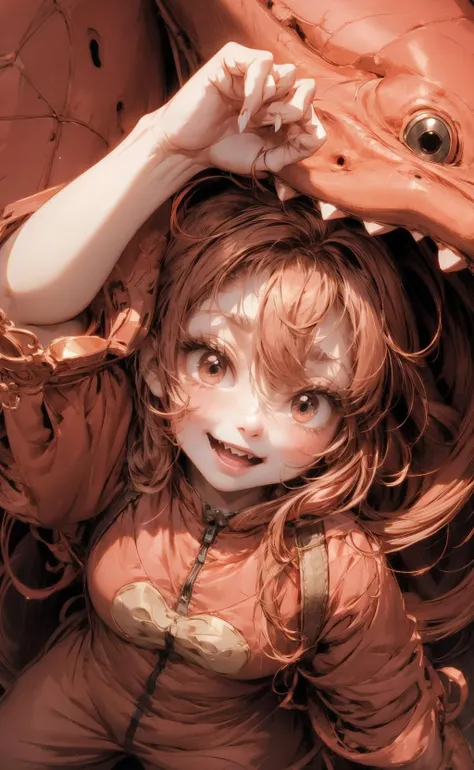 (red-dinosaur-costume:1) 1girl solo cute <lora:dinosaurCostume:.8> dc1 cute chibi simple-background claw-pose from-above