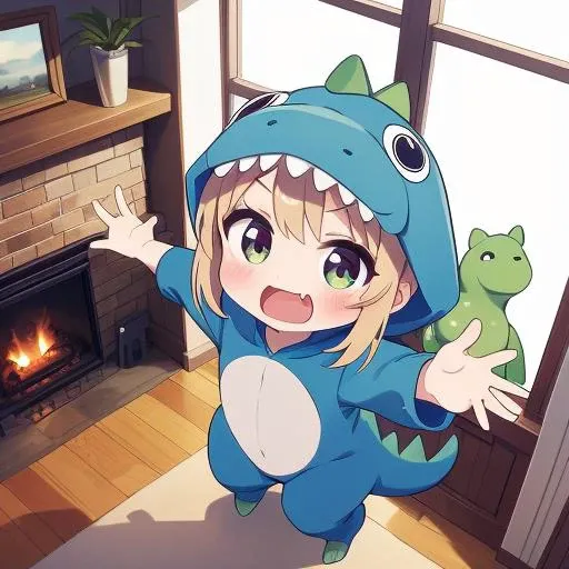 masterpiece, best quality,ultra detail, girl,dc1,dinosaur_costume,petite,chibi,open arms,fang,open mouth, <lora:dinosaurCostume:0.7>living room,window,fireplace,from above