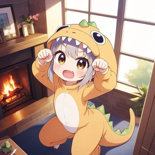 masterpiece, best quality,ultra detail, girl,dc1,dinosaur_costume,petite,chibi,paw pose,fang,open mouth, <lora:dinosaurCostume:0.7>living room,window,fireplace,from above,close up