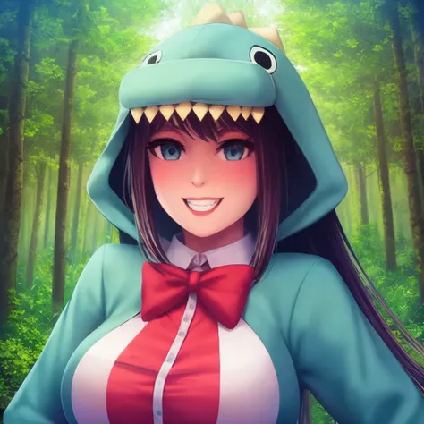 portrait, solo, 1girl, <lyco:dinosaurCostume:1.0> dc1,dinosaur_costume, robes, <lyco:Style_Parsujera-TEST:0.7> parsujera style, in a forest, seductive smile, bowtie, tuxedo,