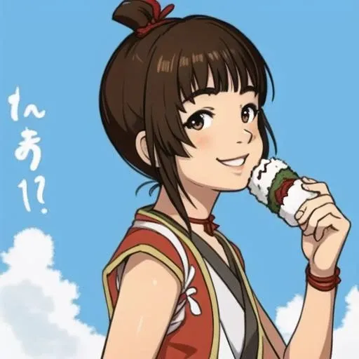 high quality, best quality, masterpiece, <lora:komitsu-04:1>, k0m1tsu, 1girl, bare arms, tied hair, side view, eating onigiri, smile