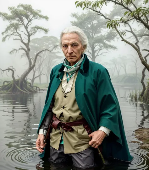 <lora:char_dw_dr who_1_William_Hartnell_zerokool_c_lora:0.85>old w1llhar1 man, white hair, wading in a misty swamp, spooky green jungle marsh, (close-up shot:0.5), vibrant, blue coat, waist-deep water, submerged