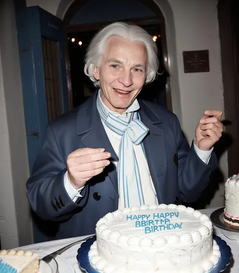 <lora:char_dw_dr who_1_William_Hartnell_zerokool_c_lora:0.75>old w1llhar1 man, white hair, joyful birthday party, medium shot, amateur photo, camera flash, cake, blue coat