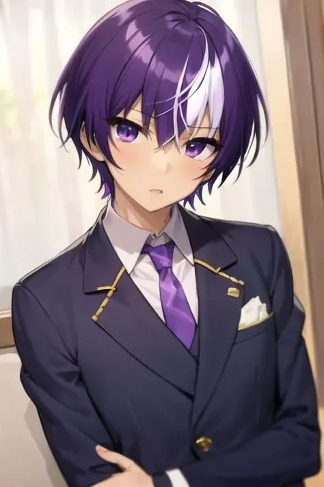 masterpiece, best quality, sketch, 1boy, solo, male focus, looking at viewer, upper body, , <lora:moroha_haimura:0.66>, moroha_haimura, purple hair, multicolored hair, purple eyes, white hair, two-tone hair, formal, necktie, dress shirt,