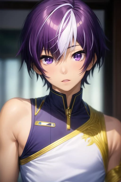 masterpiece, best quality, photorealistic, 1boy, solo, male focus, looking at viewer, upper body, depth of field, <lora:moroha_haimura:0.74>, moroha_haimura, purple hair, multicolored hair, purple eyes, white hair, two-tone hair, ,