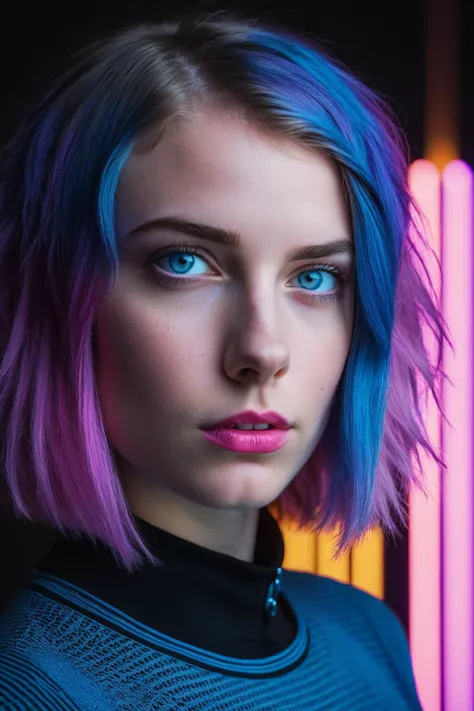 <comment:SUBJECT:0>
analog photo of one cute girl, solo, (((18 years old:1.8))), ((blue pink and violet hairs)), short hair, petite round face, looking to the viewer, android
<comment:DESCRIPTOR:0>
(Star Trek TNG), (((Head Tilt position:1.4)))), look up, confused, puzzled, fixed gaze, like a machine, (extreme bright blue eyes:1.4), neon lights, futuristic colourful neon clothing, violet lips, focus on face, head portrait, focus on subject, dark shot, low key, action, dark area, by night, perfect skin, perfect face, (((circle led light on pterion:1.4)))
<comment:MEDIA:0>
shadows, hyper realistic, photorealistic, 4k, sharp focus, professional photography, masterpiece, ultra detailed photograph, high quality, 8k, raw, soft focus, depth of field, 8k photo, HDR, professional lighting, taken with Canon EOS R5, 75mm lens, sharp focus, depth of field, 8k photo, HDR, professional lighting, taken with Canon EOS R5, 75mm lens,
<comment:WEBSITE_ARTIST:0>
shot by Don McCullin,
<comment:LORAs:0>
<comment:EMBEDDINGS:0>
(DV_Dolly_Vicious)