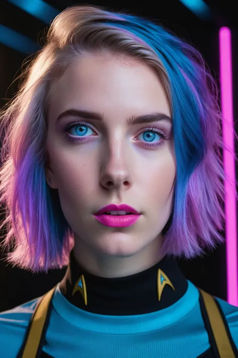 <comment:SUBJECT:0>
analog photo of one cute girl, solo, (((18 years old:1.8))), ((blue pink and violet hairs)), short hair, petite face, looking to the viewer,
<comment:DESCRIPTOR:0>
(Star Trek TNG), (((Head Tilt:1.4)))), look up, confused, puzzled, fixed gaze, like a machine, (extreme bright blue eyes:1.4), neon lights, futuristic colourful neon clothing, violet lips, focus on face, head portrait, focus on subject, dark shot, low key, action, dark area, by night, perfect skin, perfect face, (((circle led light on pterion:1.4)))
<comment:MEDIA:0>
shadows, hyper realistic, photorealistic, 4k, sharp focus, professional photography, masterpiece, ultra detailed photograph, high quality, 8k, raw, soft focus, depth of field, 8k photo, HDR, professional lighting, taken with Canon EOS R5, 75mm lens, sharp focus, depth of field, 8k photo, HDR, professional lighting, taken with Canon EOS R5, 75mm lens,
<comment:WEBSITE_ARTIST:0>
shot by Don McCullin,
<comment:LORAs:0>
<comment:EMBEDDINGS:0>
(DV_Dolly_Vicious)
