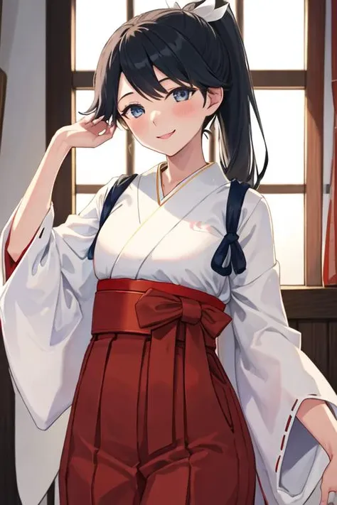 best quality, masterpiece, highres, solo, {white kimono:1.35}, {red hakama:1.35}, {wide sleeves:1.20}, {houshou_kantaicollection:1.15}, black_hair, long_hair, ponytail, smile, tasuki, blush, blue_eyes