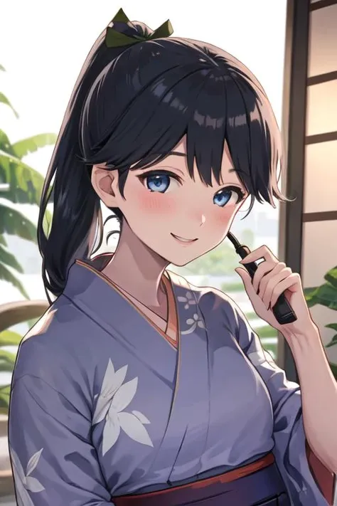 best quality, masterpiece, highres, solo, {yukata:1.40}, {kimono:1.20}, {houshou_kantaicollection:1.15}, black_hair, long_hair, ponytail, smile, tasuki, blush, blue_eyes