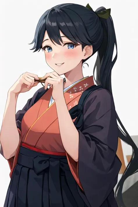 best quality, masterpiece, highres, solo, {houshou_kantaicollection:1.15}, black_hair, long_hair, ponytail, smile, tasuki, blush, blue_eyes, 1girl, hakama, hakama_skirt, japanese_clothes, kimono, looking_at_viewer, simple_background, skirt, white_background, black_hakama