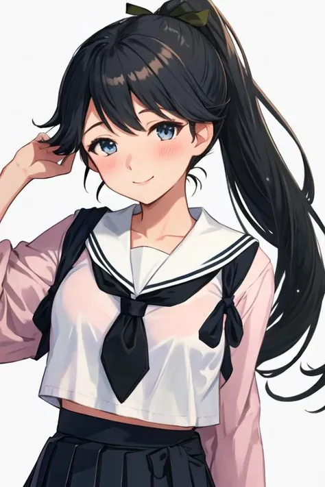 best quality, masterpiece, highres, solo, {houshou_kantaicollection:1.15}, black_hair, long_hair, ponytail, smile, tasuki, blush, blue_eyes, 1girl, neckerchief, sailor_collar, school_uniform, serafuku, black_sailor_collar, pleated_skirt, skirt, black_eyes, black_skirt, cosplay, looking_at_viewer, alternate_costume, black_serafuku, long_sleeves, shirt, simple_background, white_background, white_neckerchief, white_necktie