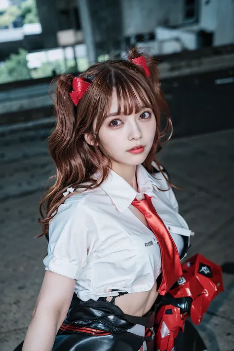 best quality, ultra high res, (photorealistic:1.4), 1girl, (brown hair), large breasts, busty, curvy, white button shirt, black skirt, school uniform, looking at viewer, facing viewer, low angle, <lora:japaneseDollLikeness_v10:0.66>, <lora:aki8:1>