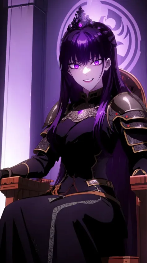 masterpiece, best quality,
(night, darkness)
 <lora:MedeaSolonLora:0.6> medea solon, purple eyes, purple hair
1girl,solo,
knight armor, heavy armor, horror \(theme\),  evil grin,  evil eyes,
[(glowing eyes:1.2)0.34],
sitting on throne,
throne room,