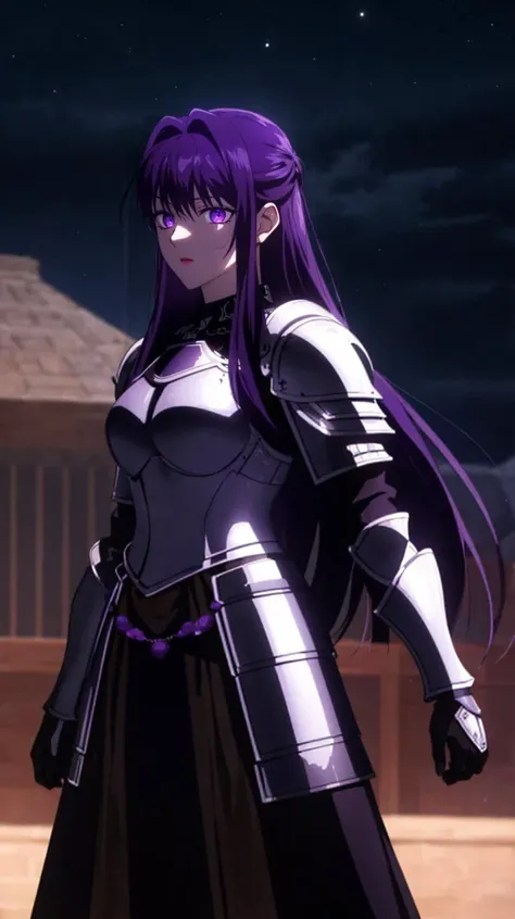 masterpiece, best quality,
(night, darkness)
 <lora:MedeaSolonLora:0.6> medea solon, purple eyes, purple hair
1girl,solo,
knight armor, heavy armor,
standing,