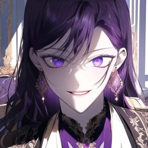 , masterpiece, Highest Quality, Highest Resolution, perfect background, perfect perspective, sharp image, perfect details, perfect lighting, perfect shadows, Perfect lighting, Best background, 1girl, Medea solon, purple hair, purple eyes, formal wear, long hair, earrings, full body, smile, dark, blood, evil,