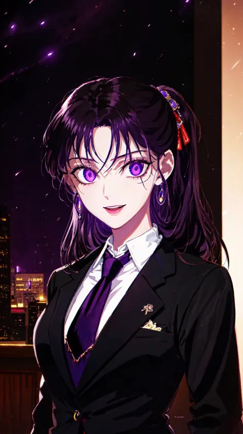 masterpiece, best quality,
(night, darkness)
 <lora:MedeaSolonLora:0.6> medea solon, purple eyes, purple hair
1girl,solo,
("glowing eyes":1.2),
arogant smile, stern look,
business suit, necktie,
office lady,