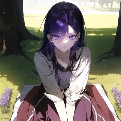 , masterpiece, Highest Quality, Highest Resolution, perfect background, perfect perspective, sharp image, perfect details, perfect lighting, perfect shadows, Perfect lighting, Best background, 1girl, solo, Medea solon, purple hair, purple eyes, dress, outdoors, sitting, trees, doves, grass,