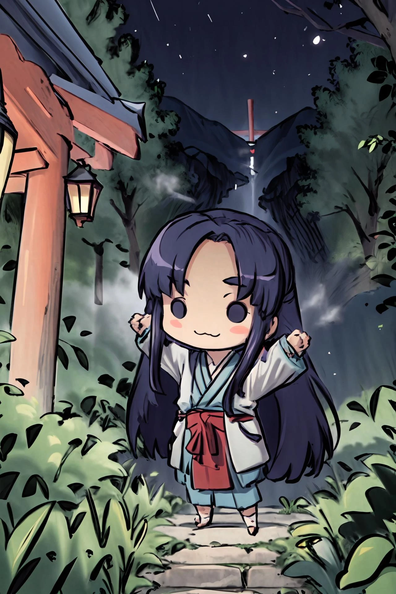 (masterpiece:1.2), ultra detailed, <lora:Achakura:0.95>, Achakura, chibi, kimono, long hair, love, solid circle eyes,:3, looking at the viewer, stairs, temple, mountain, forest, Torii, ((night)), dense forest, fog, mist, <lora:Adddetail:0.7>