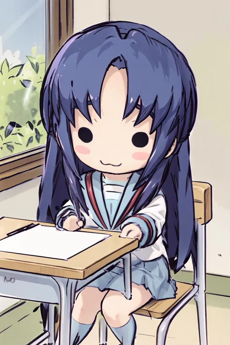 (masterpiece:1.2), ultra detailed, <lora:Achakura:0.95>, Achakura, chibi, kita high school uniform, long hair, love, solid circle eyes,:3, looking at the viewer, blackboard, chair, desk next to the window, sitting, windows, sunlight, best quality ,<lora:Adddetail:0.7>