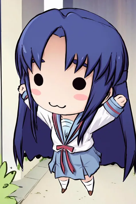 (masterpiece:1.2), ultra detailed, <lora:Achakura:0.9>, Achakura, chibi, kita high school uniform, long hair, love, solid circle eyes,:3, looking at the viewer, street, shops, sunlight, <lora:Adddetail:0.7>, looking at the viewer