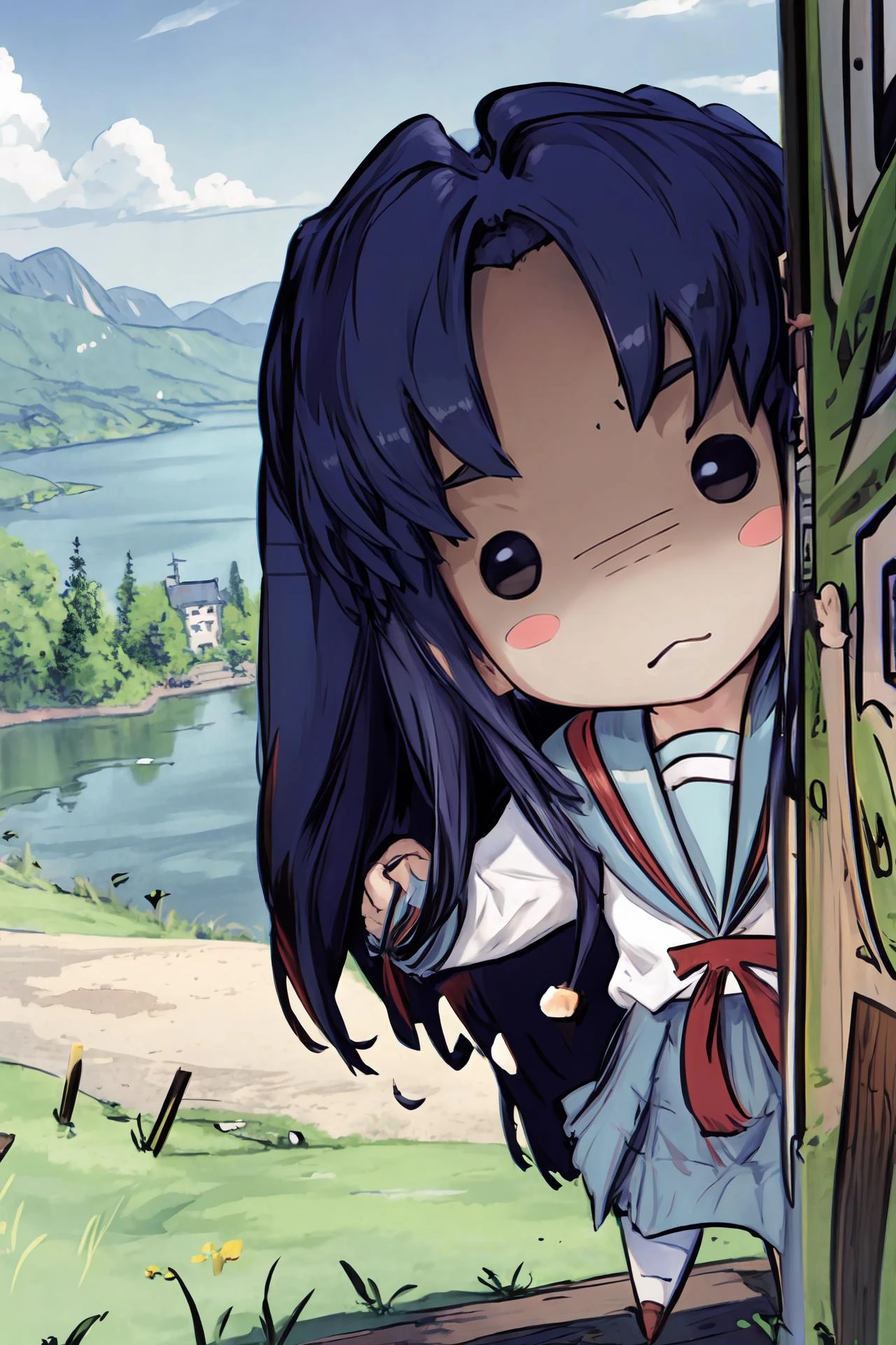 (masterpiece:1.2), ultra detailed, <lora:Achakura:1>, Achakura, chibi, kita high school uniform, long hair, solid circle eyes, close, outside, japanese castle far away, lake, persistent stare, mountains, best quality best quality, <lora:Adddetail:0.7>