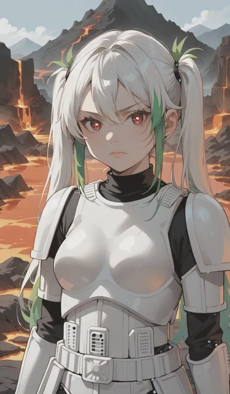 score_9, score_8_up, score_7_up, source_anime, 1girl, solo, looking at viewer, long hair, (white hair with green highlights), hair between eyes, twintails, stormtrooper, armor, outdoors, lava, volcano, red eyes, symbol-shaped pupils, rock, dutch angle, closed mouth <lora:StormtrooperXL:1>, <lora:040790P:0.8> 040790P, 040790XL, woman, medium breasts