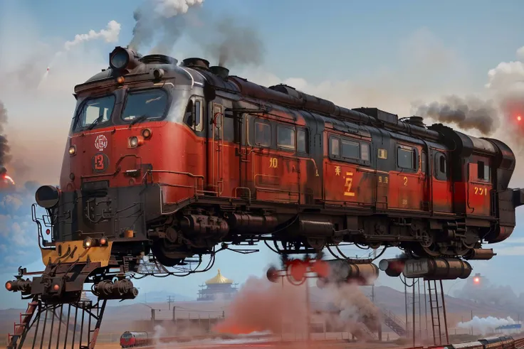 a black and red train traveling down train tracks, ancient mongolian elon musk, unsplash, many cccp flags, white steam on the side, the morning star, richly colored, sweaty. steam in air, sha xi, by Dennis Ashbaugh, 'the red citadel, imperial russia, travel