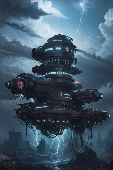 sci-fi floating city, (photorealistic:1.3), best quality, ultra high res, <lora:Retro-Futurism_v2:0.6>, neon strips, blue lightnings in clouds