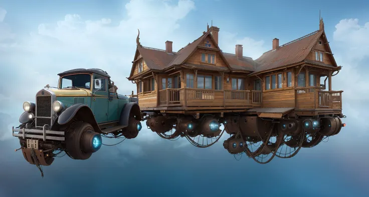 flying house <lora:Retro-Futurism_v2:0.7>, (photorealistic:1.3), best quality, ultra high res, intricate details