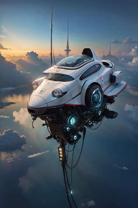 sci-fi floating city, (photorealistic:1.3), best quality, ultra high res, <lora:Retro-Futurism_v2:0.6>, white walls, neon strips,