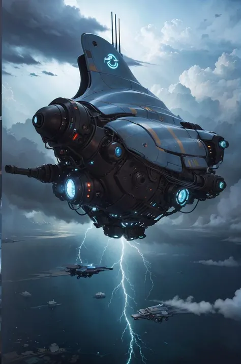 sci-fi floating city, (photorealistic:1.3), best quality, ultra high res, <lora:Retro-Futurism_v2:0.6>, white walls, neon strips, blue lightnings in clouds