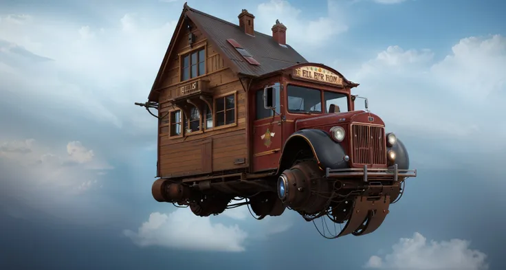 flying house <lora:Retro-Futurism_v2:0.7>, (photorealistic:1.3), best quality, ultra high res, intricate details