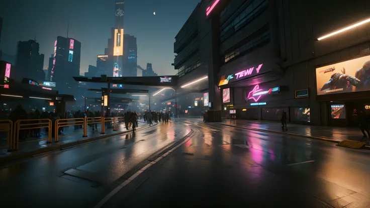<lora:nightcity-v1.1:0.7>,cyberpunk 2077,nightcity,(night:2),pedestrian bridge,crowds,wet ground,colorful neonlights,orbited,huge building,sky crapper,(high quality, best quality, hi res), (ultimate phtoreal Concept Art),realistic,photo realistic,
