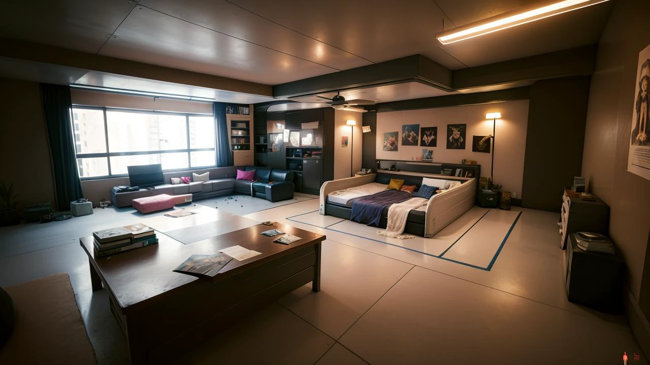 (v'home:1.2),indoors,desk,bed,sofa,neon lights,view two if v'home,(high quality, best quality, hi res),(ultimate phtoreal Concept Art), <lora:nightcityH10-000015:0.7>