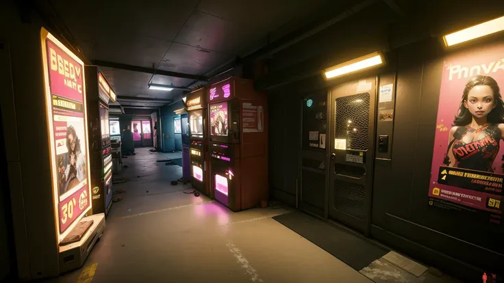 v'home outside corridor, lights,2077 vending machine,colorful neon lights,neon trim,(high quality, best quality, hi res),(ultimate phtoreal Concept Art), <lora:nightcityH10-000015:0.7>