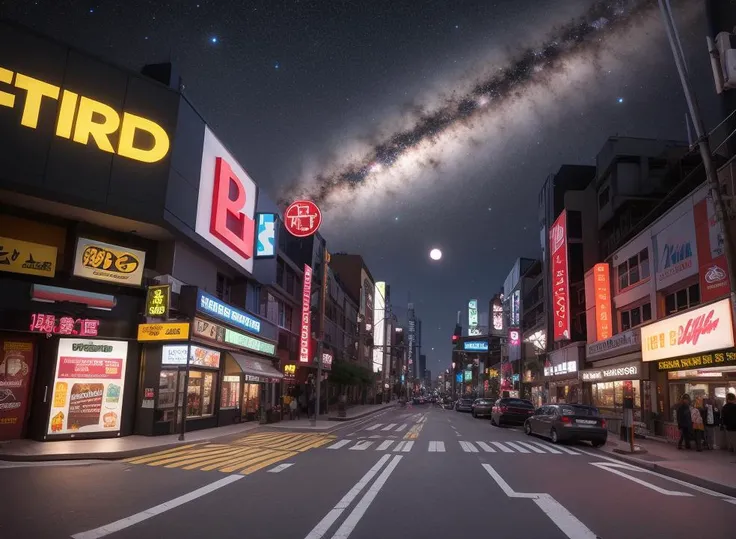 midnight shot, central perspective, (dark black sky,milkyway, nebula:1.1), (centered small moon:1.1), H10 outside, (crossroads:1.4),(building:0.980), (car:0.701), (city:0.998), (city lights:0.970), (cityscape:0.978), (convenience store:0.528), (ground vehicle:0.533), (motor vehicle:0.529), (neon lights:0.857), (real world location:0.617), (road:0.944), (scenery:0.977), (shop:0.510), (sign:0.630), (skyscraper:0.985), (street:0.943), (tokyo \(city\):0.913),colorful neon lights,neon trim,(high quality, best quality, hi res),(ultimate phtoreal Concept Art)