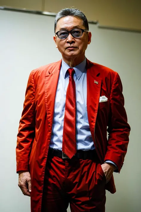 best quality, ultra high res, (photorealistic:1.4),(red suit:1.2),black suit pants,masterpiece, blurry background,1boy,standing ,(looking at viewer), <lora:li'ao:0.8>