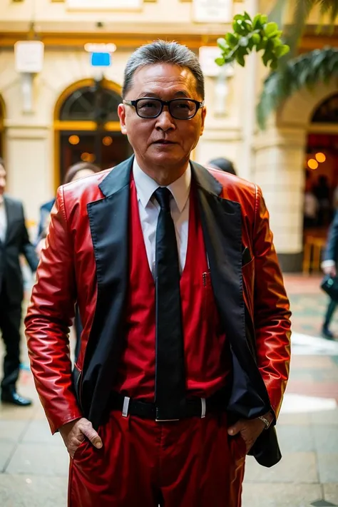 best quality, ultra high res, (photorealistic:1.4),(red suit:1.2),black suit pants,masterpiece, blurry background,1boy,standing ,(looking at viewer), <lora:li'ao:0.8>