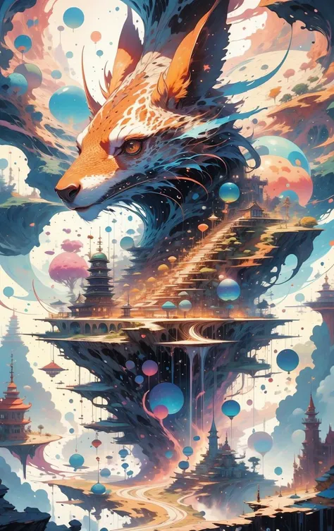 dreamwave <lora:ultimaEnd:1>, a Engagement shot of Wild animal, Dream World Mountaineer,Public Transportation,Roof Vent, <lora:Cosmic anime-oil fusion v2:1>