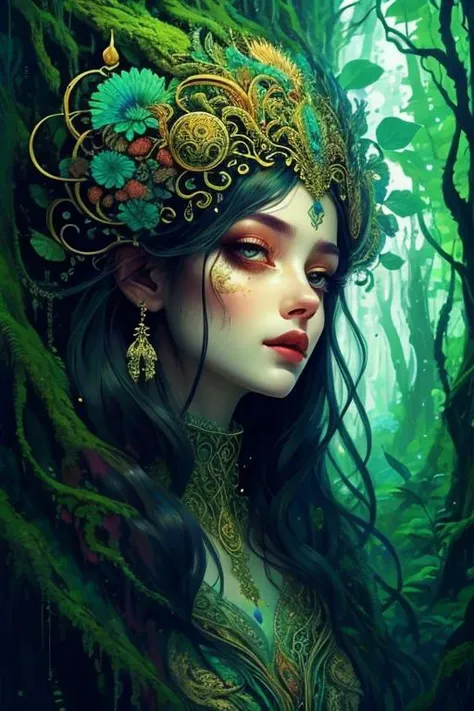 woman in a mythical forest, masterpiece, ((perfect face)), intricate details, horror theme <lora:GPTS5 Heavy_387306:1>