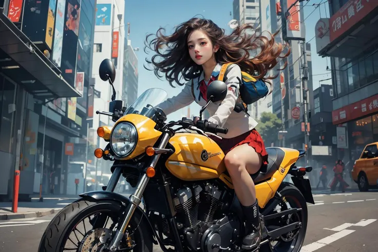 school girl 16 yo, pleated skirt, looking at viewer, from front view, ((yellow motorcycle)), japan cyberpunk background, (dramatic angle, dynamic pose), <lyco:GPTS5 Heavy_387306:0.8>